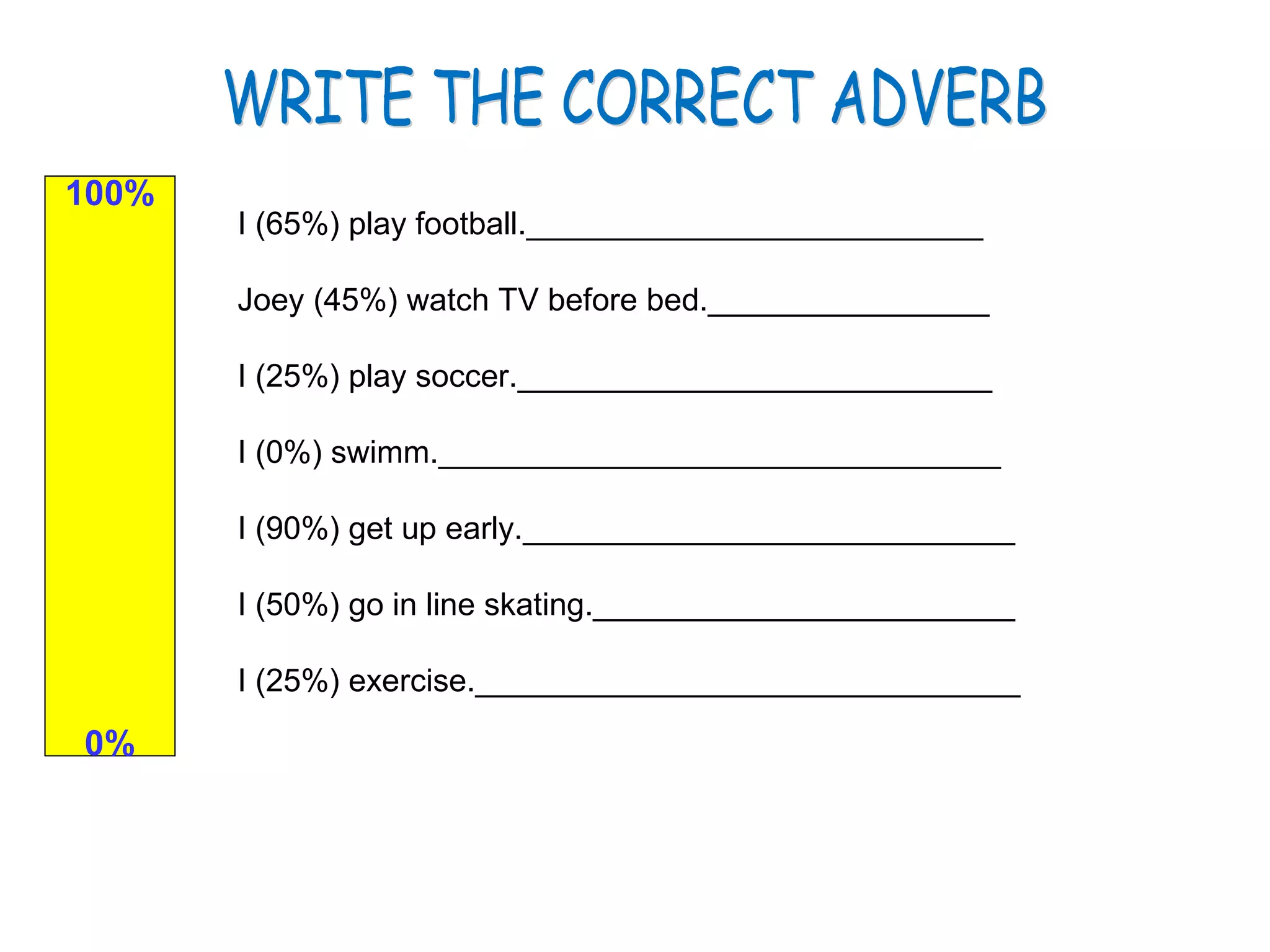 100% 0% I (65%) play football.__________________ ______ __ Joey (45%) watch TV before bed.________________ I (25%) play soccer._______________ _____ _______ I (0%) swimm.___________________ ______ _______ I (90%) get up early._____________ _______ ________ I (50%) go in line skating._____________ _______ ____ I (25%) exercise.__________________ _______ ______ WRITE THE CORRECT ADVERB 