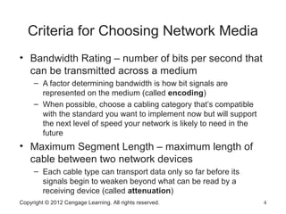 Copyright © 2012 Cengage Learning. All rights reserved. 4
Criteria for Choosing Network Media
• Bandwidth Rating – number of bits per second that
can be transmitted across a medium
– A factor determining bandwidth is how bit signals are
represented on the medium (called encoding)
– When possible, choose a cabling category that’s compatible
with the standard you want to implement now but will support
the next level of speed your network is likely to need in the
future
• Maximum Segment Length – maximum length of
cable between two network devices
– Each cable type can transport data only so far before its
signals begin to weaken beyond what can be read by a
receiving device (called attenuation)
 