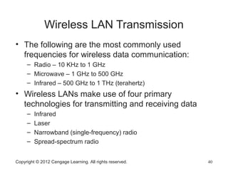 Wireless LAN Transmission
• The following are the most commonly used
frequencies for wireless data communication:
– Radio – 10 KHz to 1 GHz
– Microwave – 1 GHz to 500 GHz
– Infrared – 500 GHz to 1 THz (terahertz)
• Wireless LANs make use of four primary
technologies for transmitting and receiving data
– Infrared
– Laser
– Narrowband (single-frequency) radio
– Spread-spectrum radio
Copyright © 2012 Cengage Learning. All rights reserved. 40
 