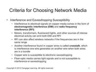 Copyright © 2012 Cengage Learning. All rights reserved. 5
Criteria for Choosing Network Media
• Interference and Eavesdropping Susceptibility
– Interference to electrical signals on copper media comes in the form of
electromagnetic interference (EMI) and radio frequency
interference (RFI)
– Motors, transformers, fluorescent lights, and other sources of intense
electrical activity can emit both EMI and RFI
– RFI can also affect wireless networks if the frequencies are in the
same range
– Another interference found in copper wires is called crosstalk, which
is interference one wire generates on another wire when both wires
are in a bundle
– Copper wire is susceptible to electronic eavesdropping
– Fiber-optic media carries light signals and is not susceptible to
interference or eavesdropping
 