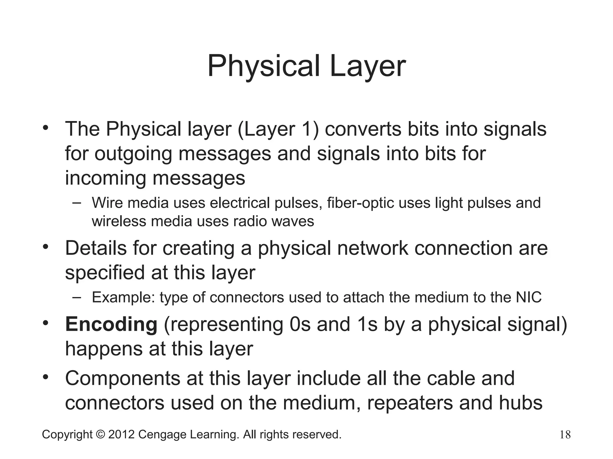 Copyright © 2012 Cengage Learning. All rights reserved. 18
Physical Layer
• The Physical layer (Layer 1) converts bits into signals
for outgoing messages and signals into bits for
incoming messages
– Wire media uses electrical pulses, fiber-optic uses light pulses and
wireless media uses radio waves
• Details for creating a physical network connection are
specified at this layer
– Example: type of connectors used to attach the medium to the NIC
• Encoding (representing 0s and 1s by a physical signal)
happens at this layer
• Components at this layer include all the cable and
connectors used on the medium, repeaters and hubs
 