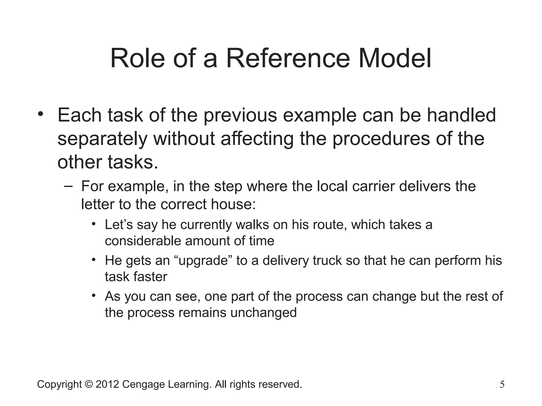 Copyright © 2012 Cengage Learning. All rights reserved. 5
Role of a Reference Model
• Each task of the previous example can be handled
separately without affecting the procedures of the
other tasks.
– For example, in the step where the local carrier delivers the
letter to the correct house:
• Let’s say he currently walks on his route, which takes a
considerable amount of time
• He gets an “upgrade” to a delivery truck so that he can perform his
task faster
• As you can see, one part of the process can change but the rest of
the process remains unchanged
 