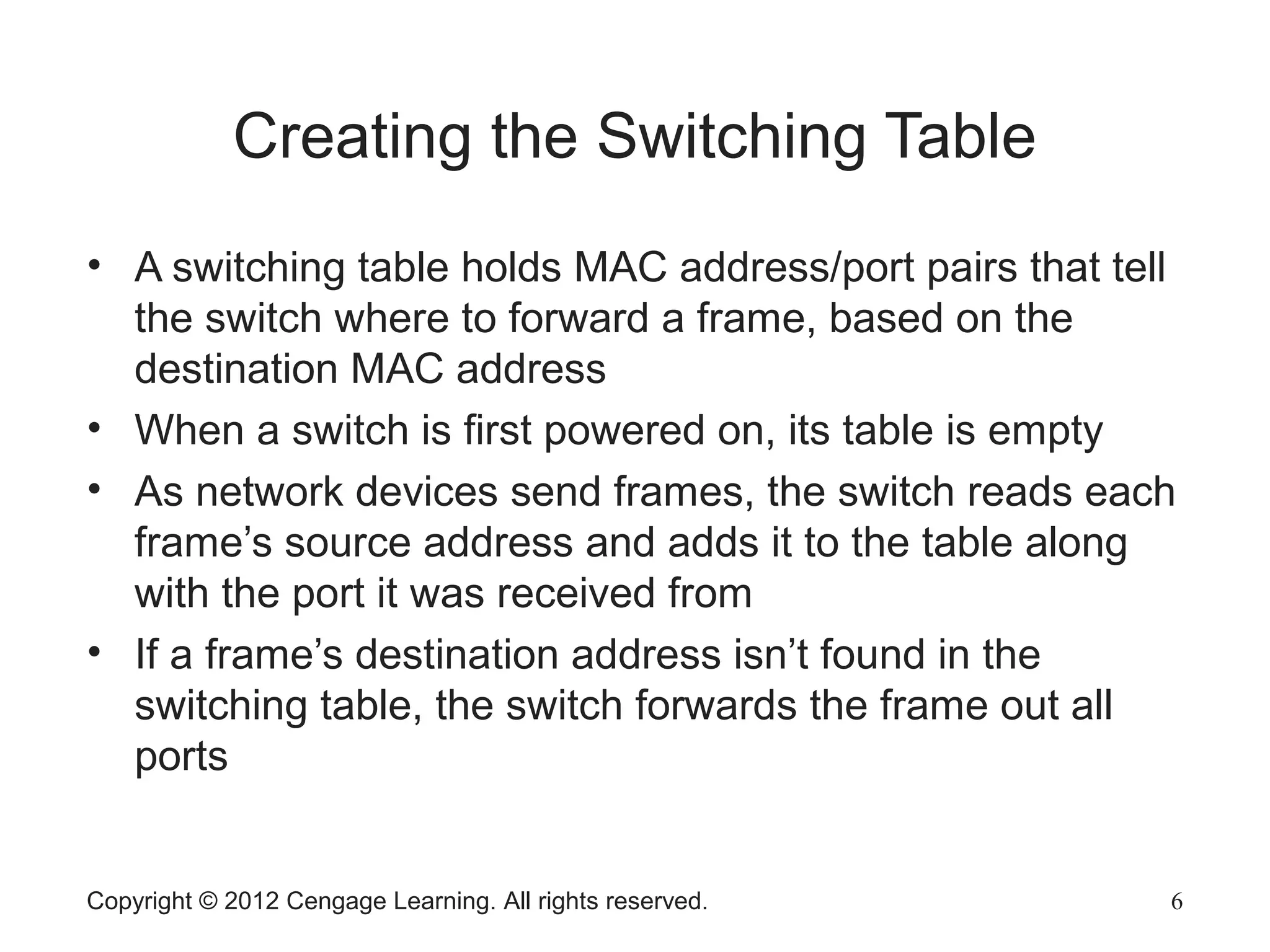 Copyright © 2012 Cengage Learning. All rights reserved. 6
Creating the Switching Table
• A switching table holds MAC address/port pairs that tell
the switch where to forward a frame, based on the
destination MAC address
• When a switch is first powered on, its table is empty
• As network devices send frames, the switch reads each
frame’s source address and adds it to the table along
with the port it was received from
• If a frame’s destination address isn’t found in the
switching table, the switch forwards the frame out all
ports
 