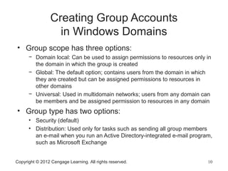 Copyright © 2012 Cengage Learning. All rights reserved. 10
Creating Group Accounts
in Windows Domains
• Group scope has three options:
− Domain local: Can be used to assign permissions to resources only in
the domain in which the group is created
− Global: The default option; contains users from the domain in which
they are created but can be assigned permissions to resources in
other domains
− Universal: Used in multidomain networks; users from any domain can
be members and be assigned permission to resources in any domain
• Group type has two options:
• Security (default)
• Distribution: Used only for tasks such as sending all group members
an e-mail when you run an Active Directory-integrated e-mail program,
such as Microsoft Exchange
 