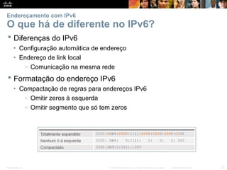 Presentation_ID 23
© 2008 Cisco Systems, Inc. Todos os direitos reservados. Confidencial da Cisco
Endereçamento com IPv6
O que há de diferente no IPv6?
 Diferenças do IPv6
• Configuração automática de endereço
• Endereço de link local
o Comunicação na mesma rede
 Formatação do endereço IPv6
• Compactação de regras para endereços IPv6
o Omitir zeros à esquerda
o Omitir segmento que só tem zeros
 