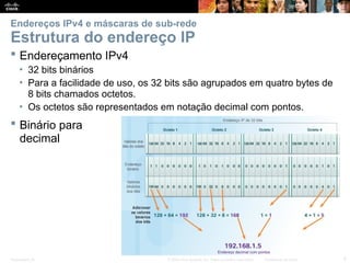 Presentation_ID 5
© 2008 Cisco Systems, Inc. Todos os direitos reservados. Confidencial da Cisco
Endereços IPv4 e máscaras de sub-rede
Estrutura do endereço IP
 Endereçamento IPv4
• 32 bits binários
• Para a facilidade de uso, os 32 bits são agrupados em quatro bytes de
8 bits chamados octetos.
• Os octetos são representados em notação decimal com pontos.
 Binário para
decimal
 