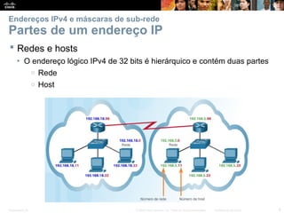 Presentation_ID 6
© 2008 Cisco Systems, Inc. Todos os direitos reservados. Confidencial da Cisco
Endereços IPv4 e máscaras de sub-rede
Partes de um endereço IP
 Redes e hosts
• O endereço lógico IPv4 de 32 bits é hierárquico e contém duas partes
o Rede
o Host
 