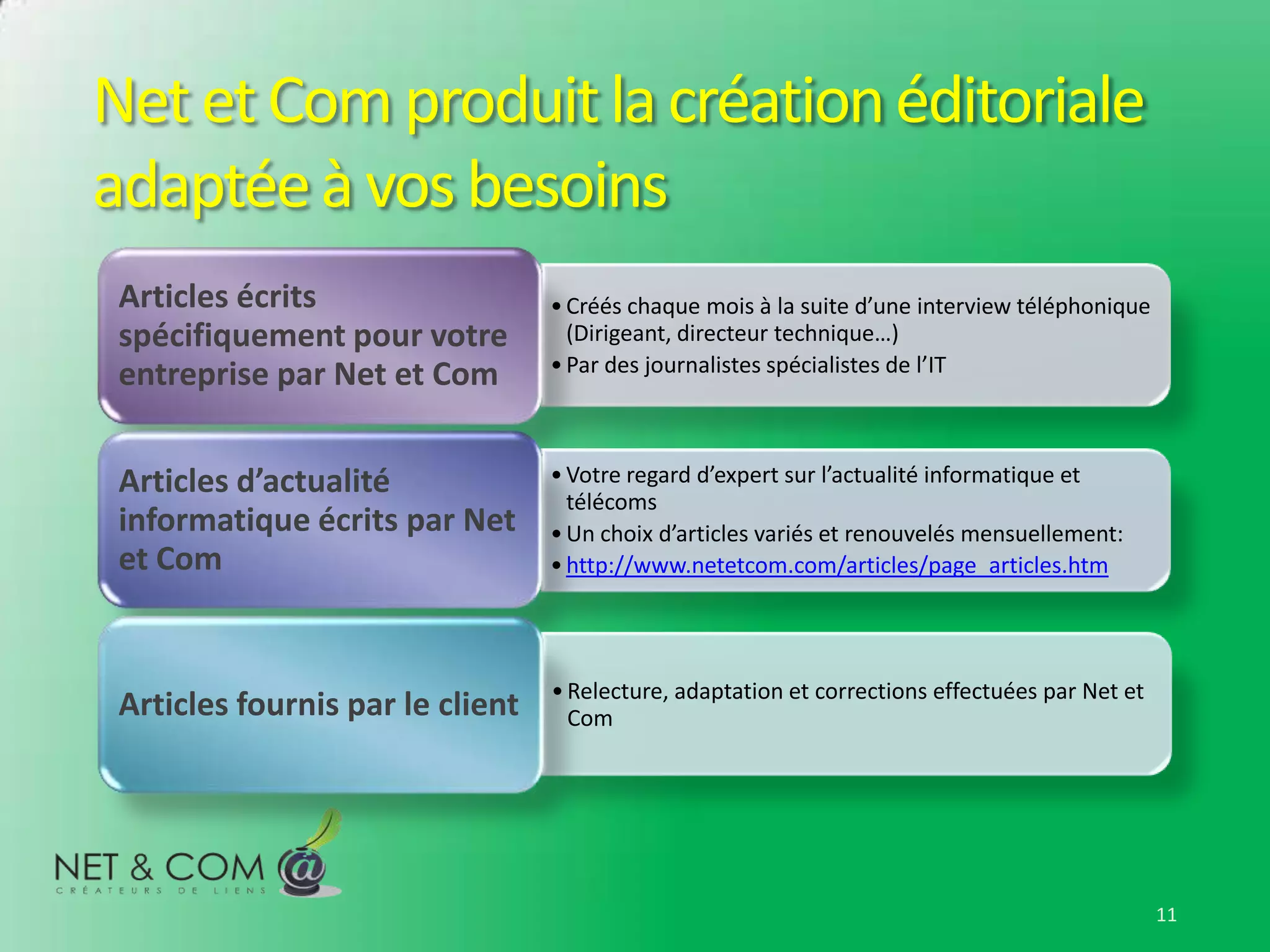 Net et Com produit la création éditoriale
adaptée à vos besoins
 Articles écrits                  • Créés chaque mois à la suite d’une interview téléphonique
 spécifiquement pour votre          (Dirigeant, directeur technique…)
 entreprise par Net et Com        • Par des journalistes spécialistes de l’IT



 Articles d’actualité             • Votre regard d’expert sur l’actualité informatique et
                                    télécoms
 informatique écrits par Net      • Un choix d’articles variés et renouvelés mensuellement:
 et Com                           • http://www.netetcom.com/articles/page_articles.htm




                                  • Relecture, adaptation et corrections effectuées par Net et
 Articles fournis par le client     Com




                                                                                                 11
 