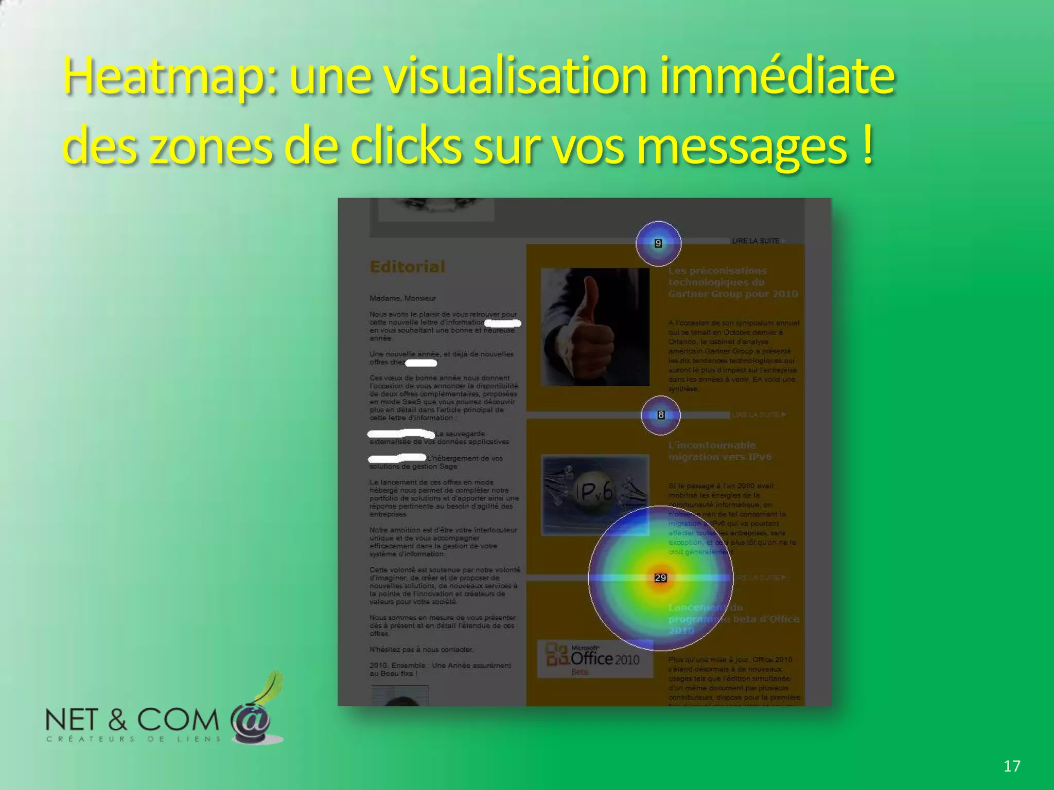 Heatmap: une visualisation immédiate
des zones de clicks sur vos messages !




                                         17
 