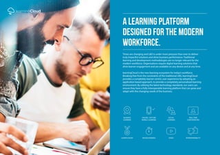 learningCloud
A learning platform
designed for the modern
workforce.
Times are changing and L&D is under more pressure than ever to deliver
truly impactful solutions and drive business performance. Traditional
learning and development methodologies are no longer relevant for the
modern workforce. Organisations require digital learning solutions that
drive learner engagement and are available on any device and at any time.
learningCloud is the new learning ecosystem for today’s workforce.
Breaking free from the constraints of the traditional LMS, learningCloud
provides a completely learner-centric user experience by adopting an
application based approach, to provide a completely personalised learning
environment. By utilising the latest technology standards, our users can
ensure they have a fully interoperable learning platform that can grow and
adapt with the changing needs of the business.
GAMIFICATION VIDEOMICROLEARNING INTEROPERABILITY
BLENDED
LEARNING
SOCIAL
LEARNING
ONLINE / OFFLINE
MOBILE LEARNING
REAL-TIME
CONFERENCING
 
