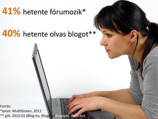 30
Forrás:
*Ipsos: MultiScreen, 2011
** gIA, 2013-01 (Blog.hu, Blogger/Blogspot, Postr.hu)
41% hetente fórumozik*
40% hete...