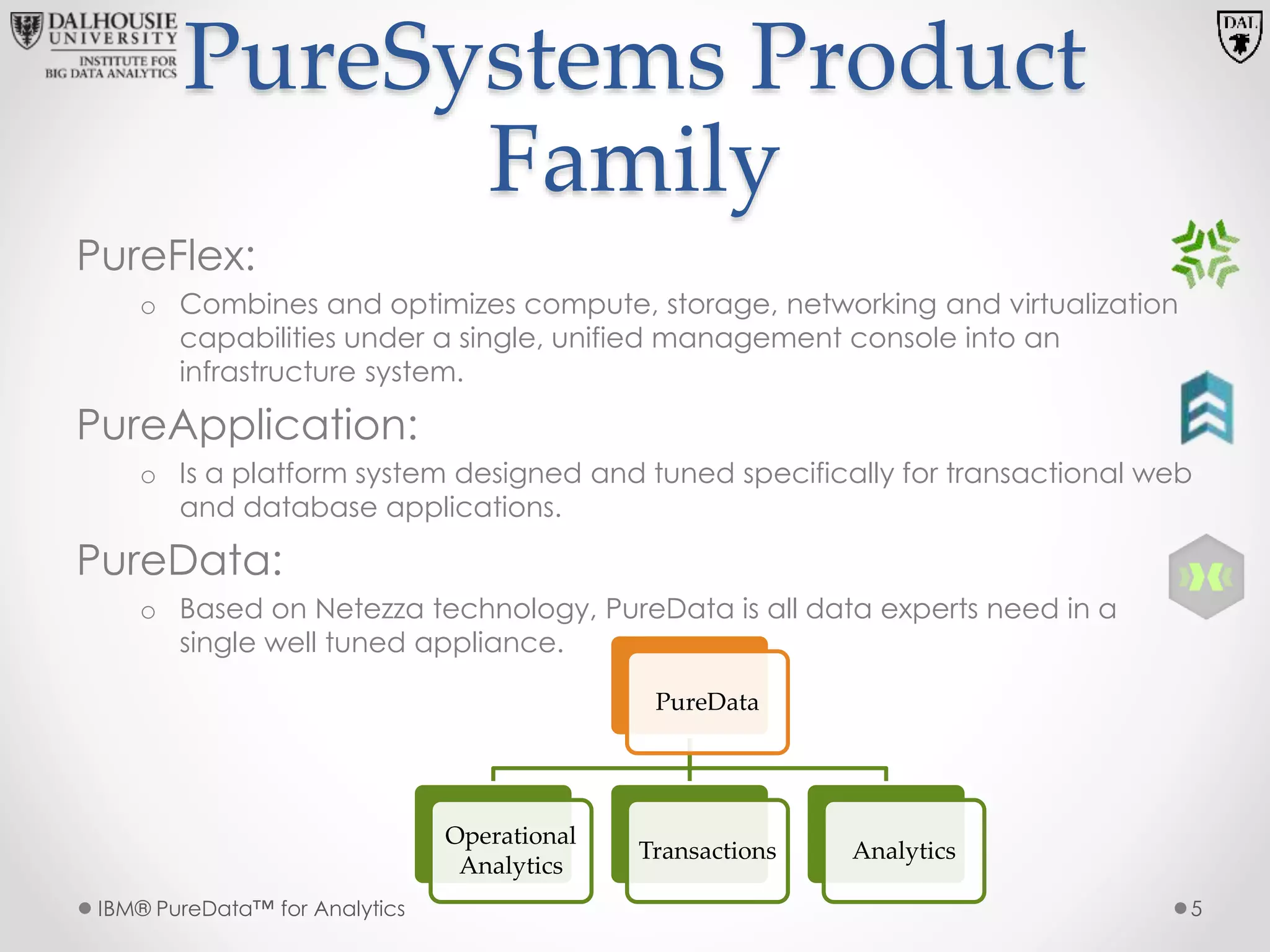 PureSystems Product
Family
PureFlex:
o Combines and optimizes compute, storage, networking and virtualization
capabilities under a single, unified management console into an
infrastructure system.
PureApplication:
o Is a platform system designed and tuned specifically for transactional web
and database applications.
PureData:
o Based on Netezza technology, PureData is all data experts need in a
single well tuned appliance.
IBM® PureData™ for Analytics 5
PureData
Operational
Analytics
Transactions Analytics
 