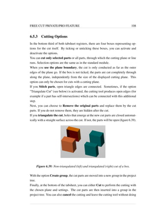FREE CUT PRIVATE/PRO FEATURE 108 
6.5.3 Cutting Options 
In the bottom third of both tabsheet registers, there are four boxes representing op-tions 
for the cut itself. By ticking or unticking these boxes, you can activate and 
deactivate the options. 
You can cut only selected parts or all parts, through which the cutting plane or line 
runs. Selection options are the same as in the standard module. 
When you use the plane boundary, the cut is only conducted as far as the outer 
edges of the plane go. If the box is not ticked, the parts are cut completely through 
along the plane, independently from the size of the displayed cutting plane. This 
option can only be chosen for cuts with a cutting plane. 
If you Stitch parts, open triangle edges are connected. Sometimes, if the option 
Triangulate Cut (see below) is activated, the cutting tool produces open edges (for 
example if a part has self-intersections) which can be connected with this additional 
step. 
Next, you can choose to Remove the original parts and replace them by the cut 
parts. If you do not remove them, they are hidden after the cut. 
If you triangulate the cut, holes that emerge at the new cut parts are closed automat-ically 
with a straight surface across the cut. If not, the parts will be open (figure 6.39). 
Figure 6.39: Non-triangulated (left) and triangulated (right) cut of a box. 
With the option Create group, the cut parts are moved into a new group in the project 
tree. 
Finally, at the bottom of the tabsheet, you can either Cut to perform the cutting with 
the chosen plane and settings. The cut parts are then inserted into a group in the 
project tree. You can also cancel the cutting and leave the cutting tool without doing 
 