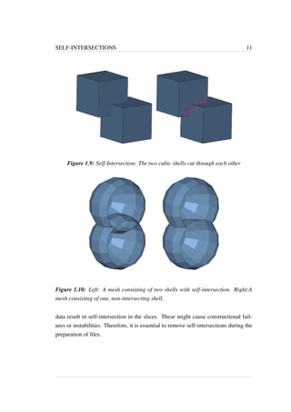 SELF-INTERSECTIONS 11 
Figure 1.9: Self-Intersection: The two cubic shells cut through each other 
Figure 1.10: Left: A mesh consisting of two shells with self-intersection. Right:A 
mesh consisting of one, non-intersecting shell. 
data result in self-intersection in the slices. These might cause constructional fail-ures 
or instabilities. Therefore, it is essential to remove self-intersections during the 
preparation of files. 
 