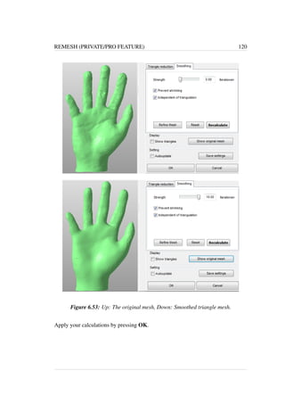 REMESH (PRIVATE/PRO FEATURE) 120 
Figure 6.53: Up: The original mesh, Down: Smoothed triangle mesh. 
Apply your calculations by pressing OK. 
 