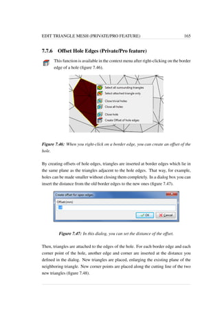 EDIT TRIANGLE MESH (PRIVATE/PRO FEATURE) 165 
7.7.6 Offset Hole Edges (Private/Pro feature) 
This function is available in the context menu after right-clicking on the border 
edge of a hole (figure 7.46). 
Figure 7.46: When you right-click on a border edge, you can create an offset of the 
hole. 
By creating offsets of hole edges, triangles are inserted at border edges which lie in 
the same plane as the triangles adjacent to the hole edges. That way, for example, 
holes can be made smaller without closing them completely. In a dialog box you can 
insert the distance from the old border edges to the new ones (figure 7.47). 
Figure 7.47: In this dialog, you can set the distance of the offset. 
Then, triangles are attached to the edges of the hole. For each border edge and each 
corner point of the hole, another edge and corner are inserted at the distance you 
defined in the dialog. New triangles are placed, enlarging the existing plane of the 
neighboring triangle. New corner points are placed along the cutting line of the two 
new triangles (figure 7.48). 
 