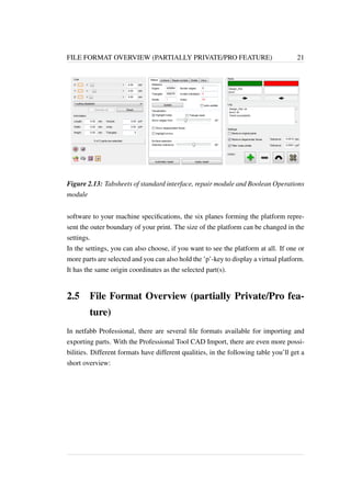 FILE FORMAT OVERVIEW (PARTIALLY PRIVATE/PRO FEATURE) 21 
Figure 2.13: Tabsheets of standard interface, repair module and Boolean Operations 
module 
software to your machine specifications, the six planes forming the platform repre-sent 
the outer boundary of your print. The size of the platform can be changed in the 
settings. 
In the settings, you can also choose, if you want to see the platform at all. If one or 
more parts are selected and you can also hold the ’p’-key to display a virtual platform. 
It has the same origin coordinates as the selected part(s). 
2.5 File Format Overview (partially Private/Pro fea-ture) 
In netfabb Professional, there are several file formats available for importing and 
exporting parts. With the Professional Tool CAD Import, there are even more possi-bilities. 
Different formats have different qualities, in the following table you’ll get a 
short overview: 
 