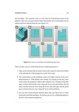 PERSPECTIVES 44 
the X-Z-plane. The isometric view is a view from the front-left-top-corner of the 
platform. That way, you gain a kind of three-dimensional view on the project and on 
objects which are aligned along the axes (figure 4.3) . 
Figure 4.3: A part viewed from all standard perspectives 
There are three ways to switch between those standard perspectives: 
1. They can be selected with one mouse click on the respective icon in the toolbar 
or by selecting one of the perspectives in the View menu. 
2. The colored planes in the coordinate system are further shortcuts to the stan-dard 
perspectives. With default color settings, by clicking on the grey space 
in the center, the perspective shifts to the isometric view. Clicking on the blue 
space switches between the views along the Z-axis (top and bottom), the red 
space switches between views along the X-axis (left and right) and the green 
space switches between views along the Y-axis (front and back). 
3. You can also switch forwards between them with your Space key or switch 
backwards with Shift and Space. If you have not yet set a standard perspective, 
the first is the isometric perspective. 
 