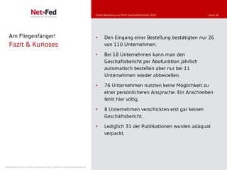 Online-Bestellung von Print-Geschäftsberichten 2010   | Seite 34




   Am Fliegenfänger!                                                                 •      Den Eingang einer Bestellung bestätigten nur 26
   Fazit & Kurioses                                                                         von 110 Unternehmen.

                                                                                     •      Bei 18 Unternehmen kann man den
                                                                                            Geschäftsbericht per Abofunktion jährlich
                                                                                            automatisch bestellen aber nur bei 11
                                                                                            Unternehmen wieder abbestellen.

                                                                                     •      76 Unternehmen nutzten keine Möglichkeit zu
                                                                                            einer persönlicheren Ansprache. Ein Anschreiben
                                                                                            fehlt hier völlig.

                                                                                     •      8 Unternehmen verschickten erst gar keinen
                                                                                            Geschäftsbericht.

                                                                                     •      Lediglich 31 der Publikationen wurden adäquat
                                                                                            verpackt.




NetFederation GmbH | Sürther Hauptstraße 180b | 50999 Köln | www.net-federation.de
 