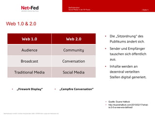 NetFederation
                                                                                           Social Media in der IR-Praxis                                      | Seite 5




   Web 1.0 & 2.0

                                                                                                                           •   Die „Sitzordnung“ des
                           Web 1.0                                                       Web 2.0
                                                                                                                               Publikums ändert sich.

                          Audience                                                     Community                           •   Sender und Empfänger
                                                                                                                               tauschen sich öffentlich
                                                                                                                               aus.
                         Broadcast                                                    Conversation
                                                                                                                           •   Inhalte werden an
                Traditional Media                                                      Social Media                            dezentral verteilten
                                                                                                                               Stellen digital generiert.


            •      „Firework Display“                                       •        „Campfire Conversation“



                                                                                                                           • Quelle: Duane Hallock
                                                                                                                           • http://duanehallock.com/2010/02/17/what-
                                                                                                                             is-2-0-a-new-era-defined/

NetFederation GmbH | Sürther Hauptstraße 180b | 50999 Köln | www.net-federation.de
 