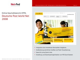 Online-Geschäftsbericht 2008 - Anforderungen an moderne Berichterstattung   | Seite 13




Online-Geschäftsbericht HTML
Deutsche Post World Net
2008




                                                                                      Integration des interaktiven Kennzahlen Vergleichs
                                                                                      Aufbereitung sämtlicher Grafiken als Flash Visualisierung
                                                                                      Search & Jump Quick Links
                                                                                      Erstellung und Downloadmöglichkeiten von MS-Excel-Dateien


NetFederation GmbH | Sürther Hauptstraße 180b | 50999 Köln | www.net-federation.de
 