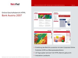 Online-Geschäftsbericht 2008 - Anforderungen an moderne Berichterstattung   | Seite 21




Online-Geschäftsbericht HTML
Bank Austria 2007




                                                                                      Erstellung des Berichts zunächst mit dem Corporate Online
                                                                                       Publisher (COP) zur Bilanzpressekonferenz
                                                                                      10 Tage später wird der Full-HTML-Bericht gelauncht
                                                                                      Interaktive Landkarte
NetFederation GmbH | Sürther Hauptstraße 180b | 50999 Köln | www.net-federation.de
 