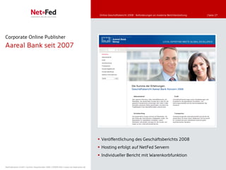 Online-Geschäftsbericht 2008 - Anforderungen an moderne Berichterstattung   | Seite 27




Corporate Online Publisher
Aareal Bank seit 2007




                                                                                      Veröffentlichung des Geschäftsberichts 2008
                                                                                      Hosting erfolgt auf NetFed Servern
                                                                                      Individueller Bericht mit Warenkorbfunktion

NetFederation GmbH | Sürther Hauptstraße 180b | 50999 Köln | www.net-federation.de
 