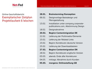 Online-Geschäftsbericht 2008 - Anforderungen an moderne Berichterstattung   | Seite 30




Online-Geschäftsbericht                                                              28.01.           Brainstorming/Konzeption
Exemplarischer Zeitplan                                                              06.02.           Designvorlage Basisdesign und
Projektlaufzeit 6 Wochen                                                                              Menügestaltung
                                                                                     13.02.           Installation unter company.corporate-
                                                                                                      publications.com, Abstimmung Design
                                                                                     18.02.           Designabnahme
                                                                                     20.02.           Beginn Contentmigration DE
                                                                                     22.02.           Lieferung der Multimedia-Elemente
                                                                                     23.02.           Lieferung der Related Links
                                                                                     23.02.           Beginn Korrekturen deutsche Version
                                                                                     25.02.           Lieferung der Downloaddateien
                                                                                     27.02.           Beginn Contentmigration EN
                                                                                     28.02.           Beginn Korrekturen englische Version
                                                                                     03.03.           abends: Ende aller Korrekturen
                                                                                     04.03.           mittags: Abnahme durch Kunden
                                                                                     05.03.           morgens: Onlinestellung GB

NetFederation GmbH | Sürther Hauptstraße 180b | 50999 Köln | www.net-federation.de
 