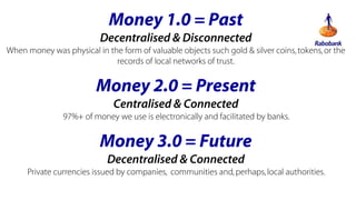 Money 1.0 = Past
Decentralised & Disconnected
When money was physical in the form of valuable objects such gold & silver coins, tokens, or the
records of local networks of trust.

Money 2.0 = Present
Centralised & Connected
97%+ of money we use is electronically and facilitated by banks.

Money 3.0 = Future
Decentralised & Connected
Private currencies issued by companies, communities and, perhaps, local authorities.

 