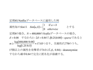  
 
 
 
する。で完全に匿名化が崩壊すなわち確率
が知れば、個以上の属性を攻撃者
のうち、つまり、全属性
であるとで、　すなわち　
データベースの場合、のの場合、定理
　　　とするは　属性毎の
た例データベースに適用しを定理
0.84
edeanonymiz)84.0,1(17
770,1703.17
5.025.1log
08.0000,480log
08.0,25.084.02108.0
000,4808
0
if1
,
Netflix8






 

m
sparse
NetflixN
otherwise
ba
baSimSim

 