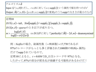    
     の大きさが最小のもののうちの要素
のがという属性で値を持つに対してただし、
アルゴリズム
suppsupp:,|ˆ:Output
supp,|:Input
ˆ
yysDyDsrB
rrsDrDsr
B


          
 
 
    
  　にに対しては
。のとき以下が成り立つは
、、が
定理
eddeanonymiz,21ˆperfectly
21log
log
,
suppsuppsuppsupptail,
10
2121





mBDD
N
m
sparseD
rrrrSimD





だ！する可能性があるわけの部分が匿名化が崩壊したがって、
となる。は全レコード中でによると、定理
されているので、だけで
属性個の映画多く評価されたのレコードがもっとも
であるが映画数）の場合、総属性数（例：
%97
%97056.010
supp
)(1000%97
770,17
 


D
Netflix
 