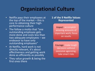 Organizational CultureNetflix pays their employees at the top of the market – this is core to obtaining their high-performance cultureThe follow a motto that “one outstanding employee gets more done and costs less than two adequate employees – we endeavor to have only outstanding employees”At Netflix, hard work is not directly relevant, it’s about effectiveness and getting work done as efficiently as possiblyThey value growth & being the first ones there1 of the 9 Netflix Values RepresentedImpact: accomplish amazing amounts of important work; focus on resultsCourage: make tough decisions without excessive agonizing; take smart risks