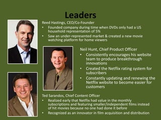LeadersReed Hastings, CEO/Co-FounderFounded company during time when DVDs only had a US household representation of 5%Saw an under-represented market & created a new movie watching platform for home viewersNeil Hunt, Chief Product OfficerConsistently encourages his website team to produce breakthrough innovationsCreated the Netflix rating system for subscribersConstantly updating and renewing the Netflix website to become easier for customersTed Sarandos, Chief Content OfficerRealized early that Netflix had value in the monthly subscriptions and featuring smaller/independent films instead of hit movies because no one had done it beforeRecognized as an innovator in film acquisition and distribution