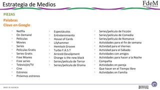Estrategia de Medios
PIEZAS
Palabras
Clave en Google
•
•
•
•
•
•
•
•
•
•
•
•
•

Netflix
On Demand
Películas
Movies
Series
Películas Gratis
Series Gratis
Free Movies
Free series
Televisión/TV
Cine
Estrenos
Próximos estrenos

•
•
•
•
•
•
•
•
•
•

Espectáculos
Entretenimiento
House of Cards
Lilyhammer
Hemlock Groove
Turbo F.A.S.T
Arrestd Devolpment
Orange is the new black
Series/película de Terror
Series/película de Drama

•
•
•
•
•
•
•
•
•
•
•
•

Series/película de Ficción
Series/película de Comedia
Series/película de Romance
Actividades para el fin de semana
Actividad para el Viernes
Actividad para el Sábado
Actividades con amigos
Actividades para hacer a la Noche
Compañía
Actividades en pareja
Que hacer en el Tiempo libre
Actividades en Familia

46

BRIEF DE AGENCIA

 