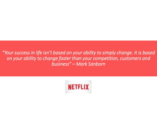 “Your success in life isn’t based on your ability to simply change. It is based
on your ability to change faster than your competition, customers and
business” – Mark Sanborn
 