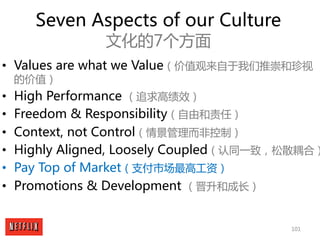 101
Seven Aspects of our Culture
文化的7个方面
• Values are what we Value（价值观来自于我们推崇和珍视
的价值）
• High Performance （追求高绩效）
• Freedo...