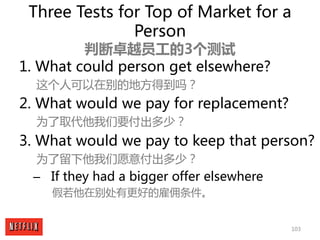 103
Three Tests for Top of Market for a
Person
判断卓越员工的3个测试
1. What could person get elsewhere?
这个人可以在别的地方得到吗？
2. What woul...