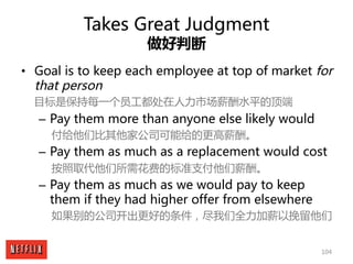 104
Takes Great Judgment
做好判断
• Goal is to keep each employee at top of market for
that person
目标是保持每一个员工都处在人力市场薪酬水平的顶端
– ...