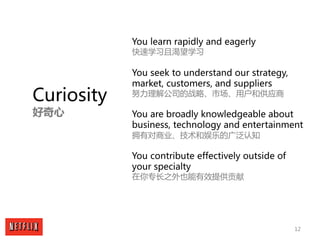 12
Curiosity
好奇心
You learn rapidly and eagerly
快速学习且渴望学习
You seek to understand our strategy,
market, customers, and suppl...