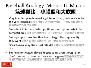 122
Baseball	Analogy:	Minors	to	Majors
篮球类比：小联盟和大联盟
• Very	talented	people	usually	get	to	move	up,	but	only	true	for	
the	...