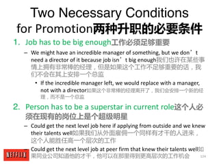 124
Two Necessary Conditions
for	Promotion两种升职的必要条件
1. Job	has	to	be	big	enough工作必须足够重要
– We	might	have	an	incredible	mana...