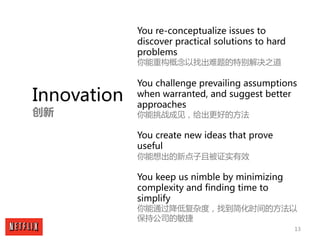 13
Innovation
创新
You re-conceptualize issues to
discover practical solutions to hard
problems
你能重构概念以找出难题的特别解决之道
You chall...