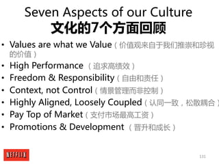 131
Seven Aspects of our Culture
文化的7个方面回顾
• Values are what we Value（价值观来自于我们推崇和珍视
的价值）
• High Performance （追求高绩效）
• Free...