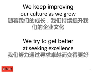 132
We keep improving
our	culture	as	we	grow
随着我们的成长，我们持续提升我
们的企业文化
We try to get better
at	seeking	excellence
我们努力通过寻求卓越而...