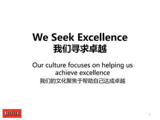 2
We Seek Excellence
我们寻求卓越
Our culture focuses on helping us
achieve excellence
我们的文化聚焦于帮助自己达成卓越
 