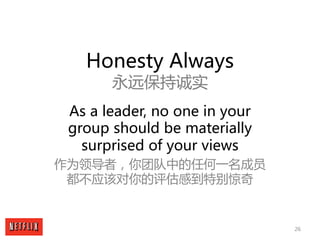 26
Honesty Always
永远保持诚实
As a leader, no one in your
group should be materially
surprised of your views
作为领导者，你团队中的任何一名成员
...