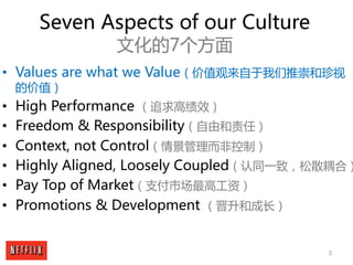 3
Seven Aspects of our Culture
文化的7个方面
• Values are what we Value（价值观来自于我们推崇和珍视
的价值）
• High Performance （追求高绩效）
• Freedom ...