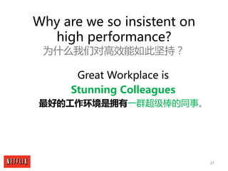 37
Why are we so insistent on
high performance?
为什么我们对高效能如此坚持？
Great Workplace is
Stunning Colleagues
最好的工作环境是拥有一群超级棒的同事。
 