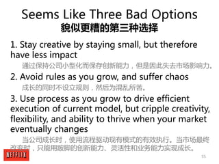 55
Seems Like Three Bad Options
貌似更糟的第三种选择
1. Stay creative by staying small, but therefore
have less impact
通过保持公司小型化而保存创...