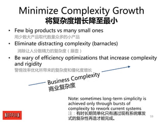 59
Minimize Complexity Growth
将复杂度增长降至最小
• Few big products vs many small ones
用少数大产品取代数量众多的小产品
• Eliminate distracting co...
